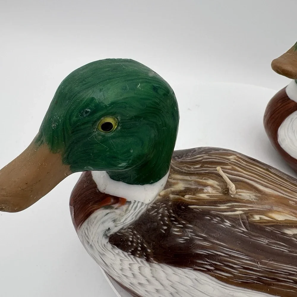 Pair Of‎ Handmade Brown/Green Mallard Duck Candles With Wick Vintage